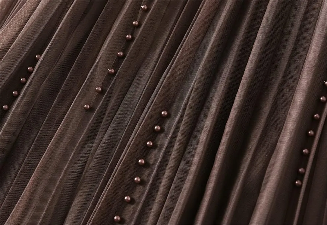 Women Velour Pleated Tulle Skirt Casual Black Midi Long Beading A Line Skirt