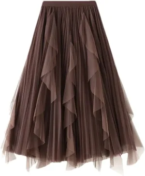 Women Velour Pleated Tulle Skirt Casual Black Midi Long Beading A Line Skirt