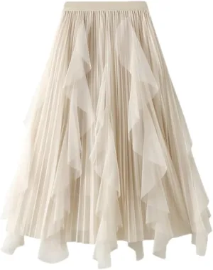 Women Velour Pleated Tulle Skirt Casual Black Midi Long Beading A Line Skirt