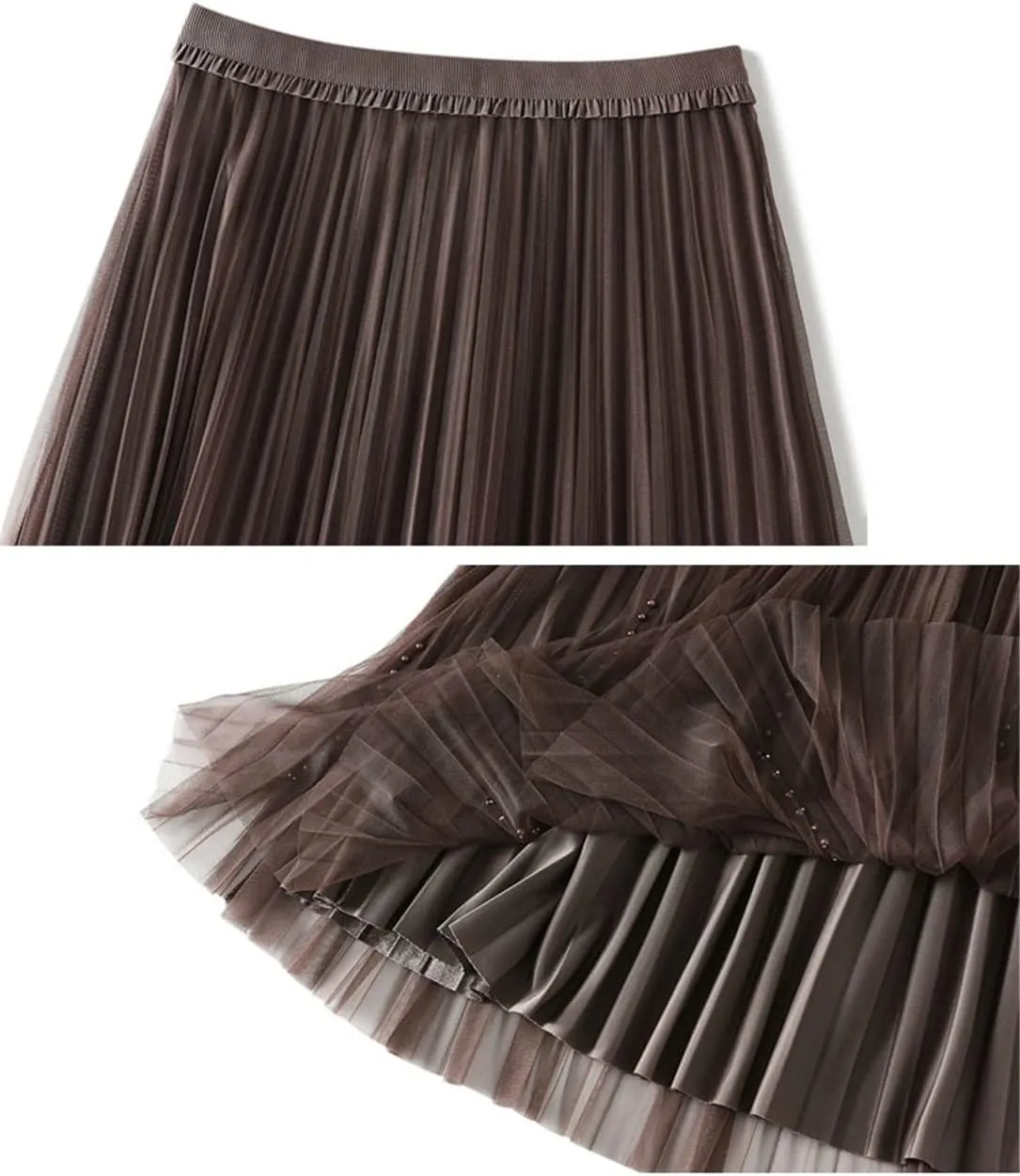 Women Velour Pleated Tulle Skirt Casual Black Midi Long Beading A Line Skirt