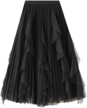 Women Velour Pleated Tulle Skirt Casual Black Midi Long Beading A Line Skirt