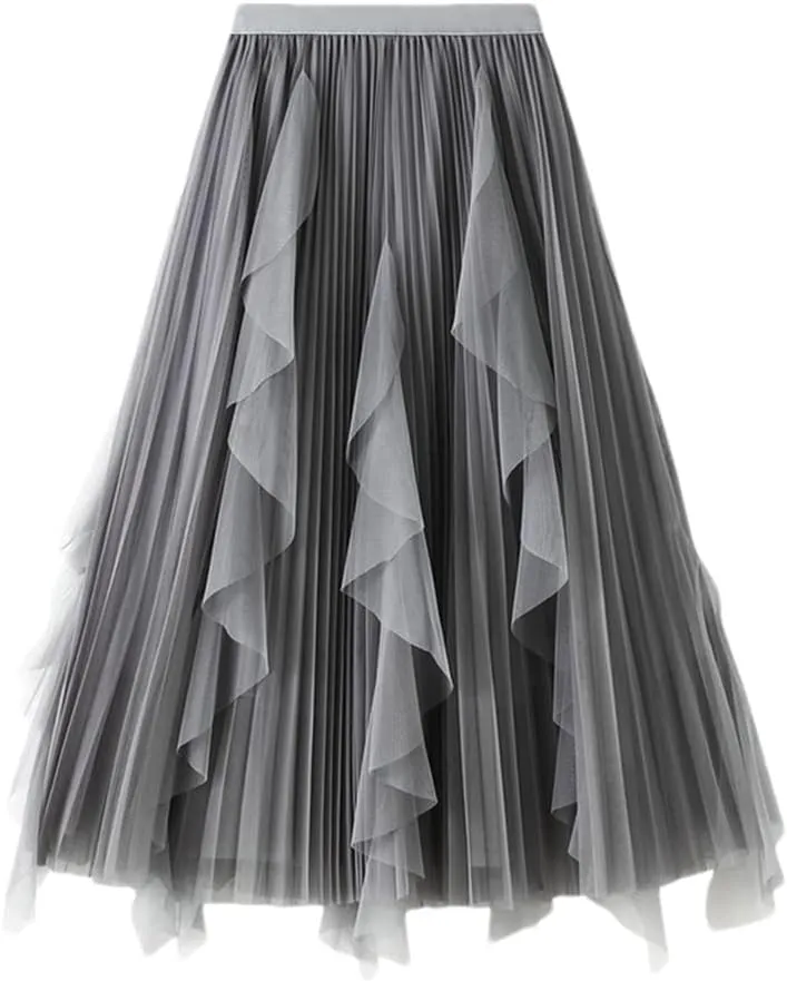 Women Velour Pleated Tulle Skirt Casual Black Midi Long Beading A Line Skirt