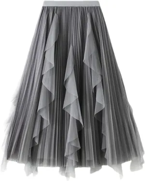 Women Velour Pleated Tulle Skirt Casual Black Midi Long Beading A Line Skirt