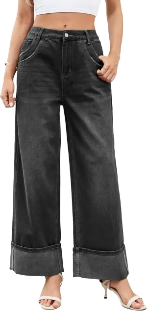 Women Womens Flare Jeans High Waisted Wide Leg Bell Bottom Jeans Loose Baggy Jeans Denim Pants