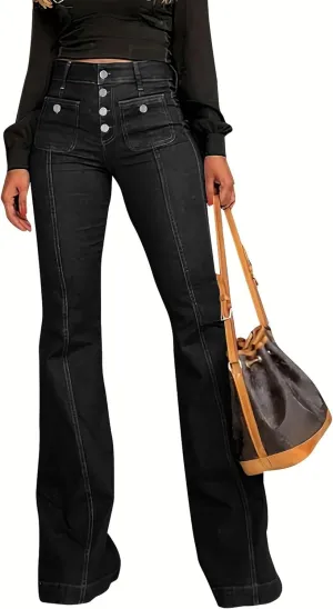 Women Womens Flare Jeans High Waisted Wide Leg Bell Bottom Jeans Loose Baggy Jeans Denim Pants