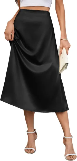 Women's 2023 Satin Midi Skirt Summer High Waist Silk A-line Swing Skirt Elegant Casual