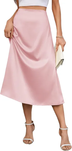 Women's 2023 Satin Midi Skirt Summer High Waist Silk A-line Swing Skirt Elegant Casual
