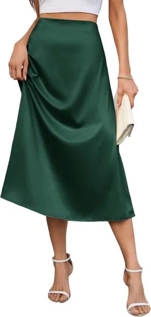 Women's 2023 Satin Midi Skirt Summer High Waist Silk A-line Swing Skirt Elegant Casual