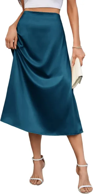 Women's 2023 Satin Midi Skirt Summer High Waist Silk A-line Swing Skirt Elegant Casual