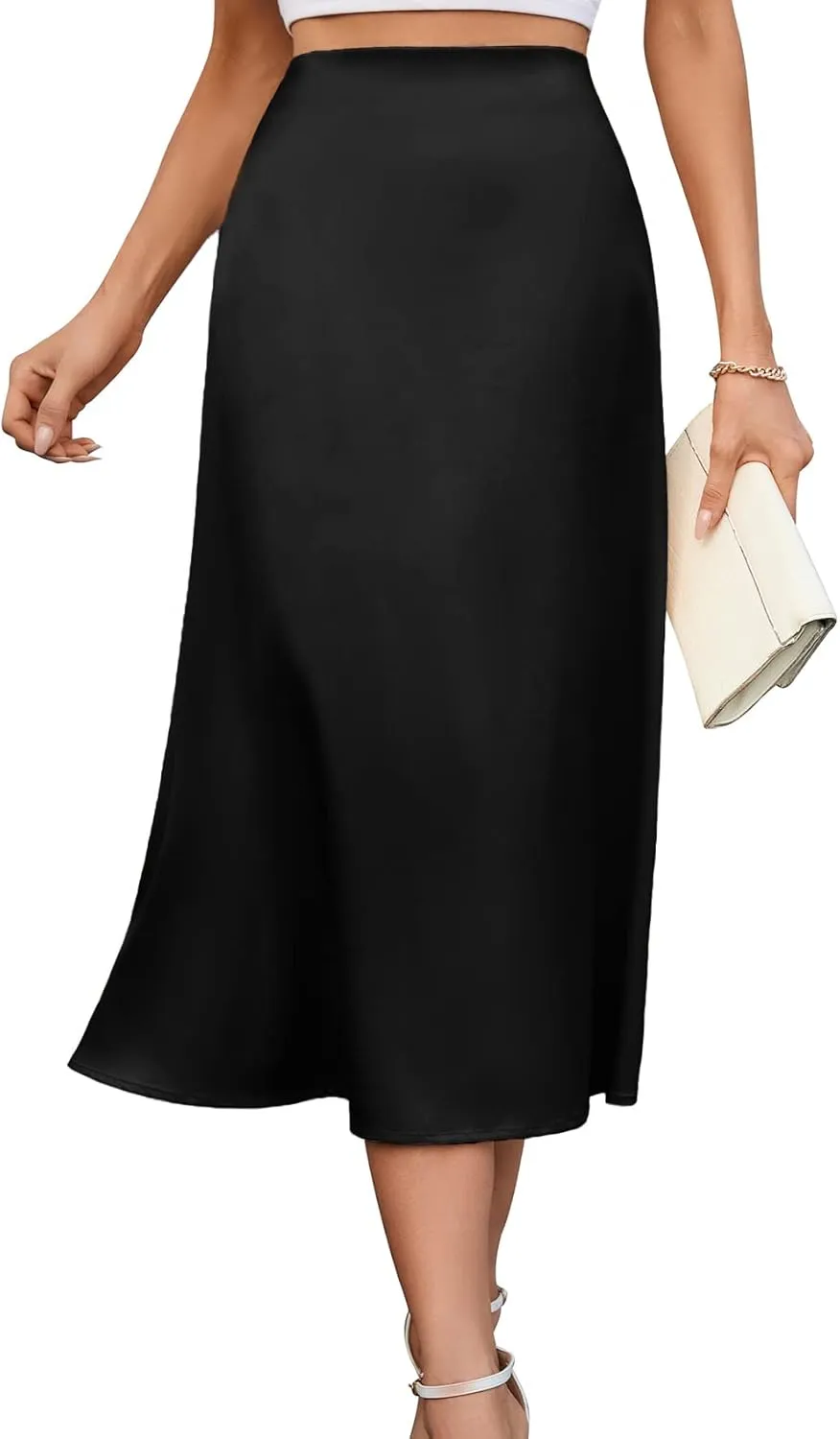 Women's 2023 Satin Midi Skirt Summer High Waist Silk A-line Swing Skirt Elegant Casual