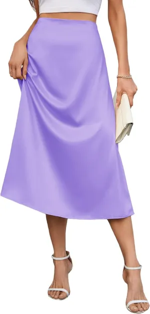 Women's 2023 Satin Midi Skirt Summer High Waist Silk A-line Swing Skirt Elegant Casual