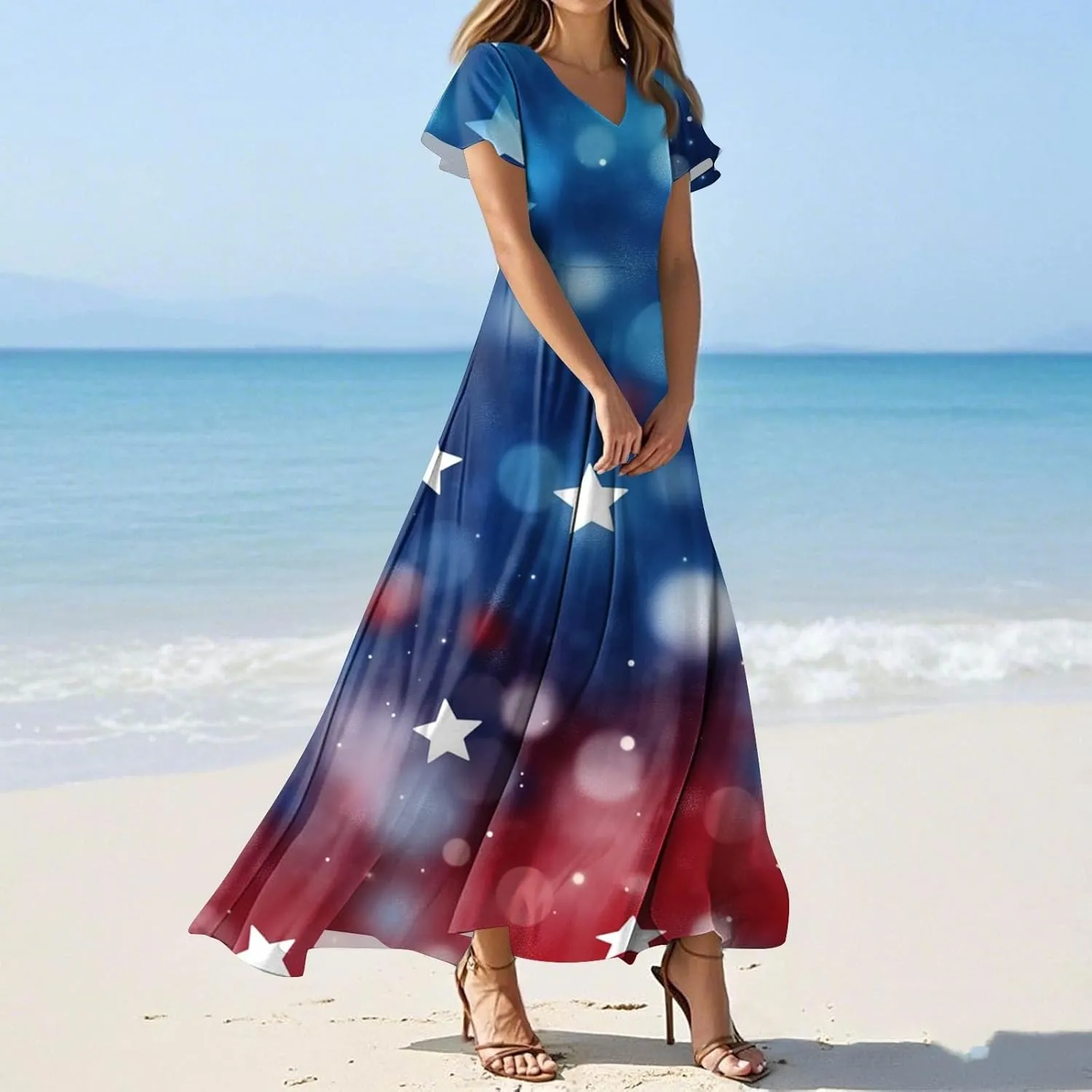 Women's 2025 Summer Maxi Dress Elegant Casual Floral Print Bohemian Dress Ruffle Sleeve V Neck Beach Swing Dresses