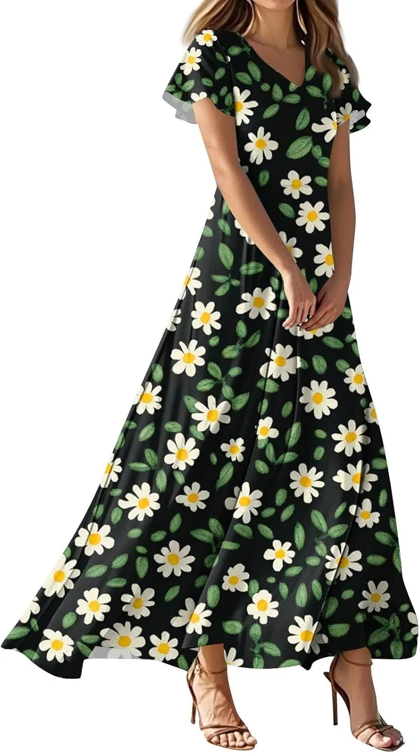 Women's 2025 Summer Maxi Dress Elegant Casual Floral Print Bohemian Dress Ruffle Sleeve V Neck Beach Swing Dresses