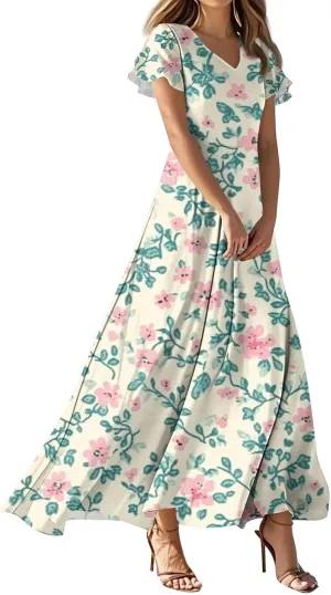 Women's 2025 Summer Maxi Dress Elegant Casual Floral Print Bohemian Dress Ruffle Sleeve V Neck Beach Swing Dresses