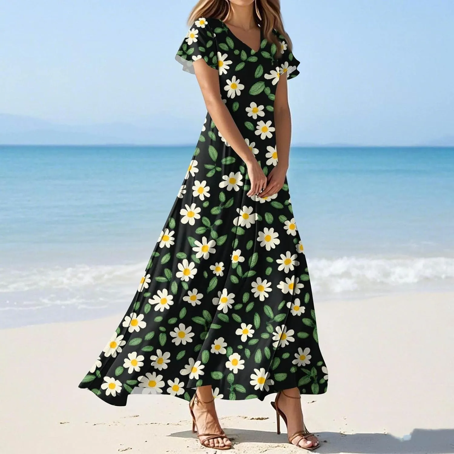 Women's 2025 Summer Maxi Dress Elegant Casual Floral Print Bohemian Dress Ruffle Sleeve V Neck Beach Swing Dresses
