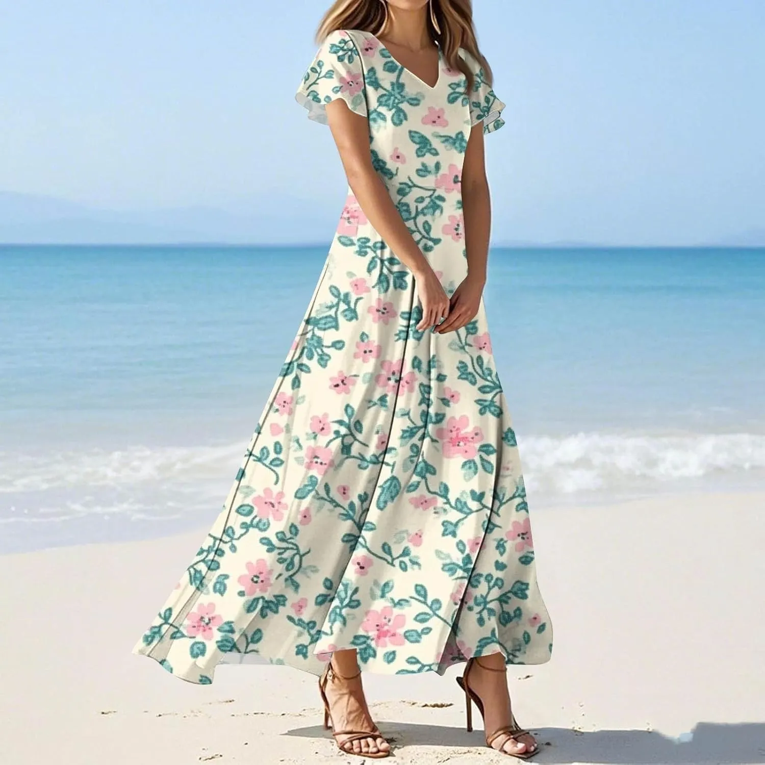 Women's 2025 Summer Maxi Dress Elegant Casual Floral Print Bohemian Dress Ruffle Sleeve V Neck Beach Swing Dresses