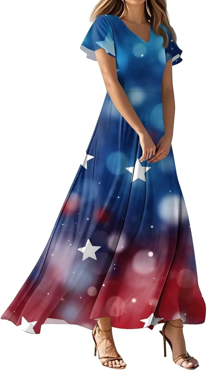 Women's 2025 Summer Maxi Dress Elegant Casual Floral Print Bohemian Dress Ruffle Sleeve V Neck Beach Swing Dresses