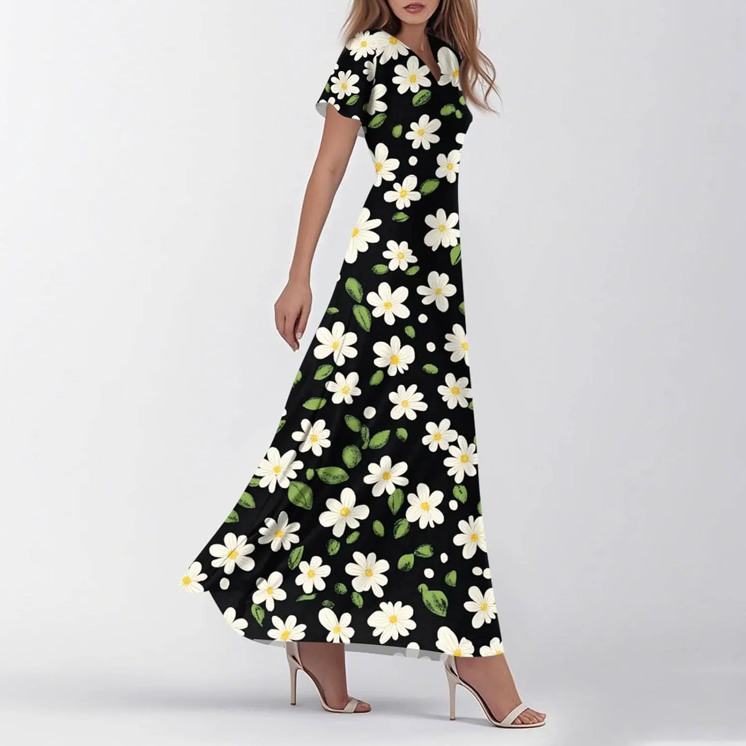 Women's 2025 Summer Maxi Dress Elegant Casual Floral Print Bohemian Dress Ruffle Sleeve V Neck Beach Swing Dresses