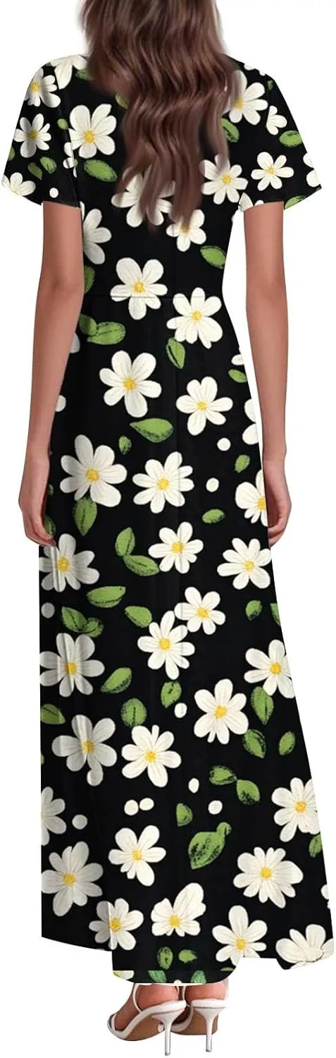Women's 2025 Summer Maxi Dress Elegant Casual Floral Print Bohemian Dress Ruffle Sleeve V Neck Beach Swing Dresses