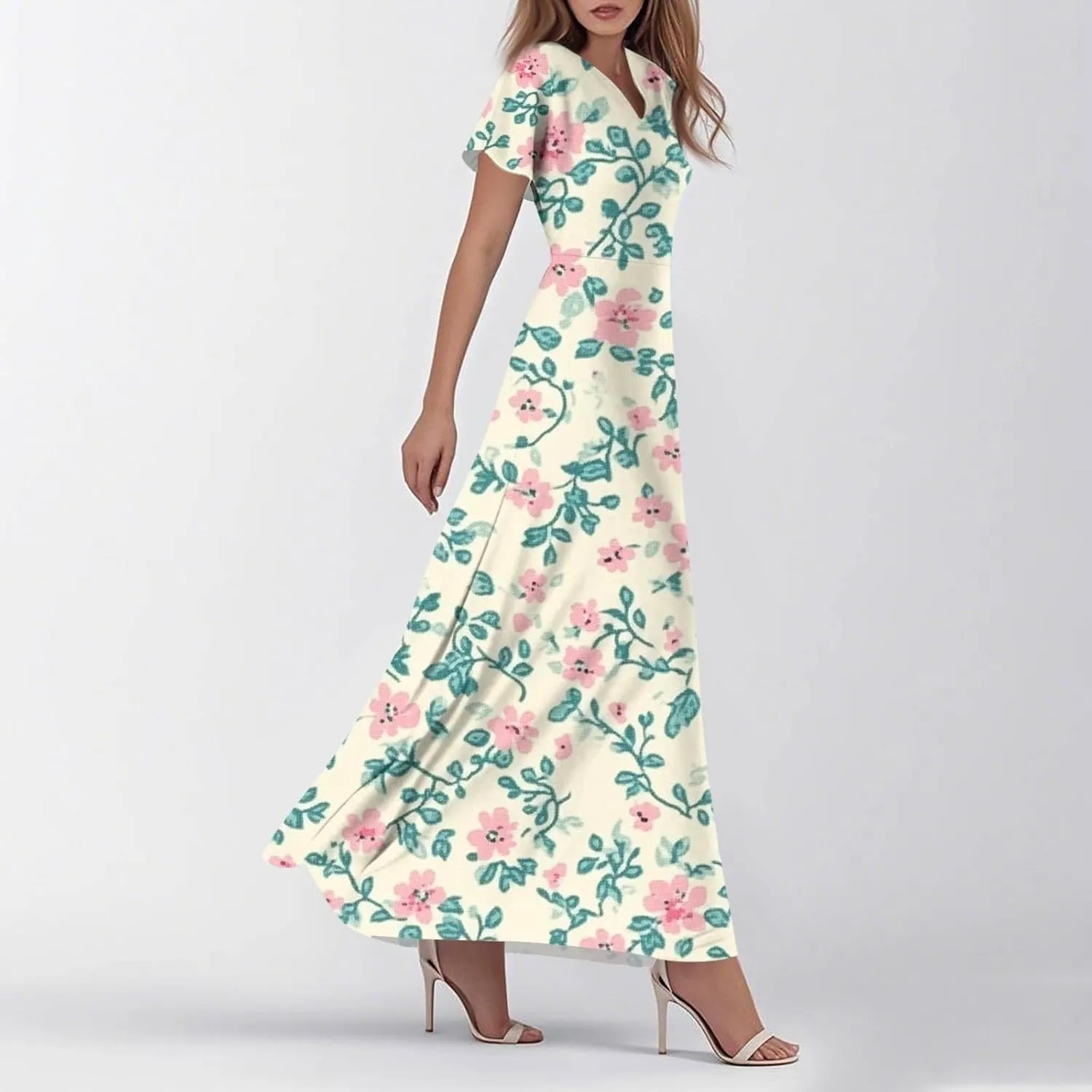 Women's 2025 Summer Maxi Dress Elegant Casual Floral Print Bohemian Dress Ruffle Sleeve V Neck Beach Swing Dresses