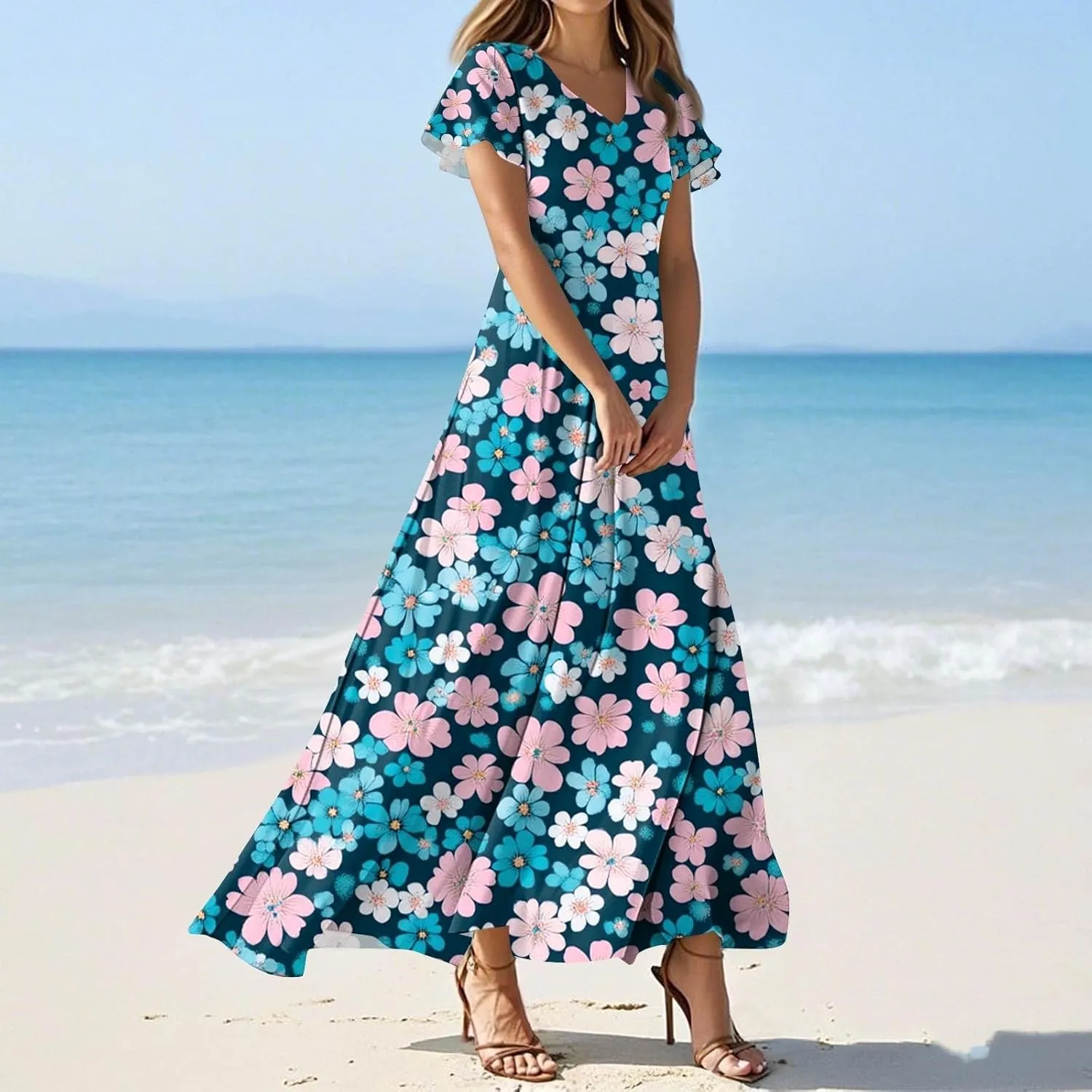 Women's 2025 Summer Maxi Dress Elegant Casual Floral Print Bohemian Dress Ruffle Sleeve V Neck Beach Swing Dresses