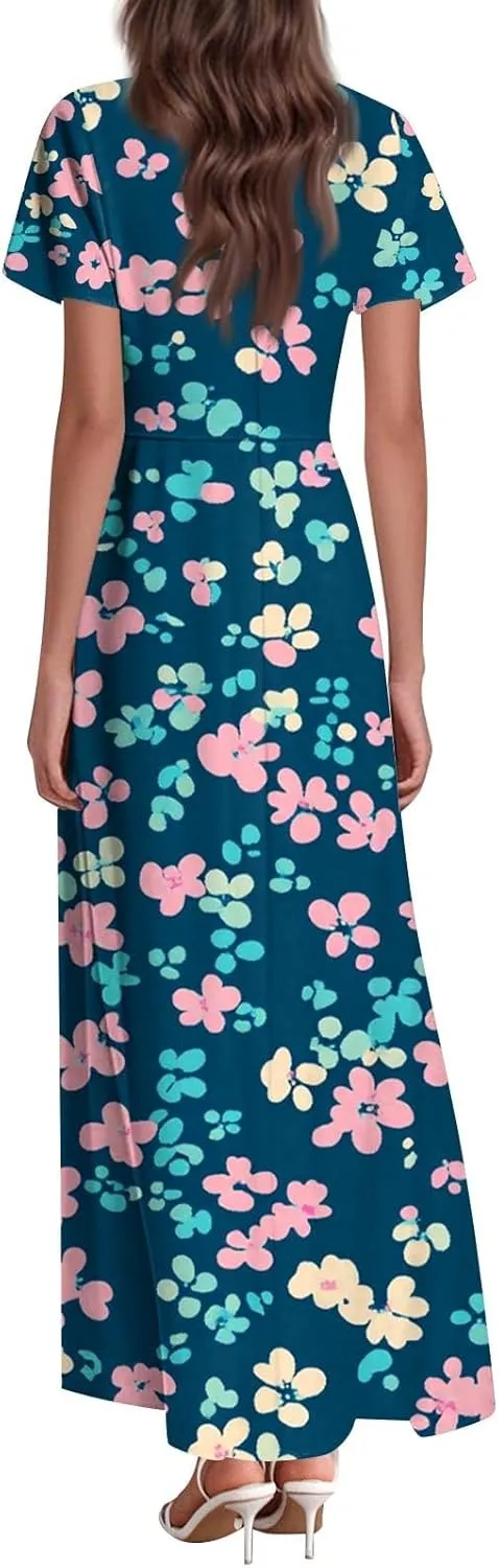 Women's 2025 Summer Maxi Dress Elegant Casual Floral Print Bohemian Dress Ruffle Sleeve V Neck Beach Swing Dresses
