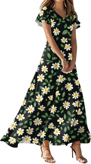 Women's 2025 Summer Maxi Dress Elegant Casual Floral Print Bohemian Dress Ruffle Sleeve V Neck Beach Swing Dresses