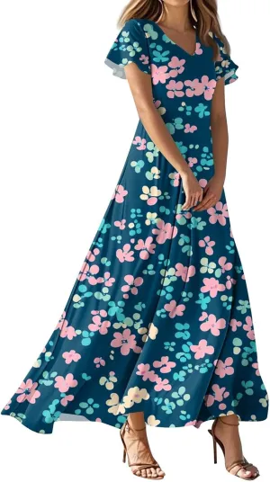 Women's 2025 Summer Maxi Dress Elegant Casual Floral Print Bohemian Dress Ruffle Sleeve V Neck Beach Swing Dresses