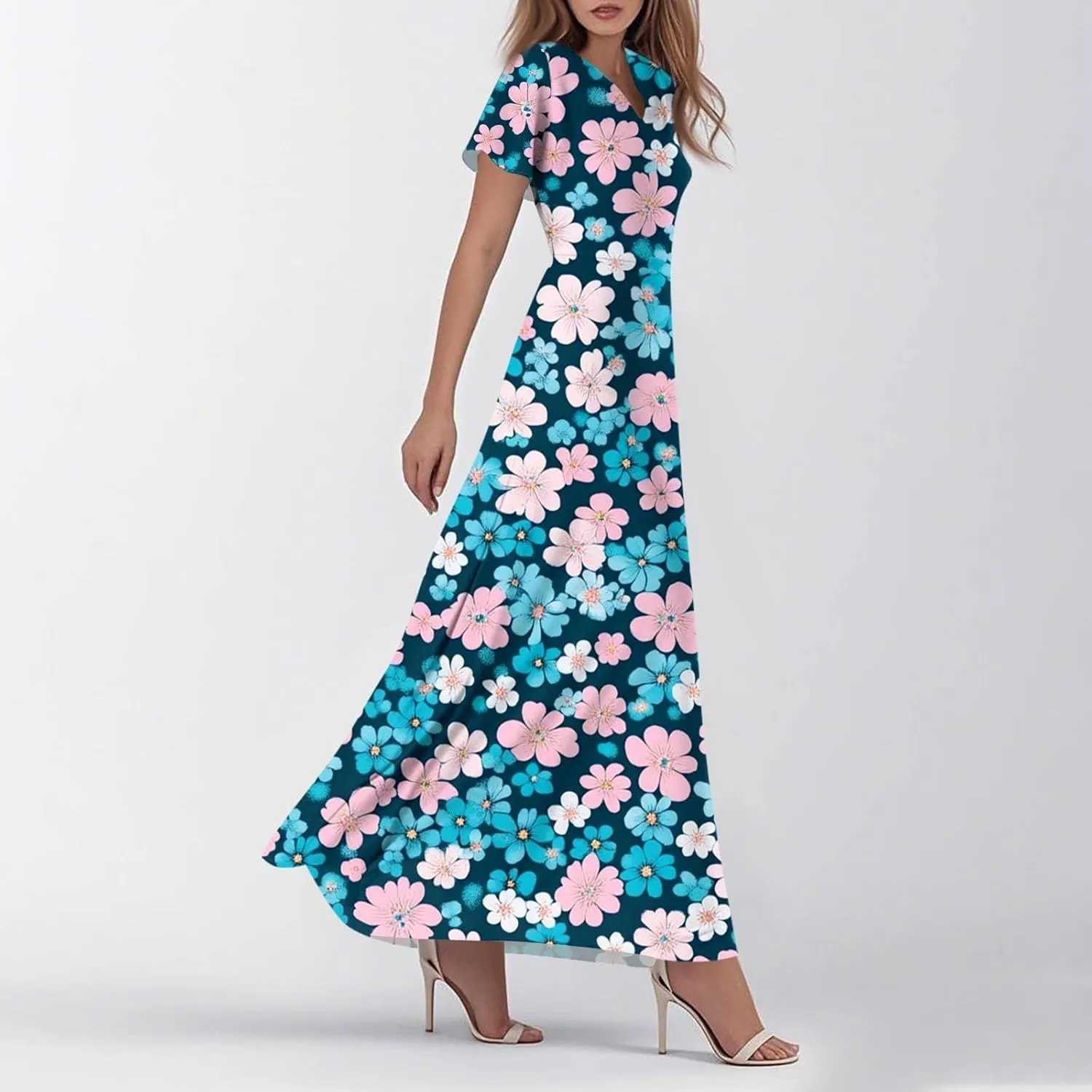 Women's 2025 Summer Maxi Dress Elegant Casual Floral Print Bohemian Dress Ruffle Sleeve V Neck Beach Swing Dresses