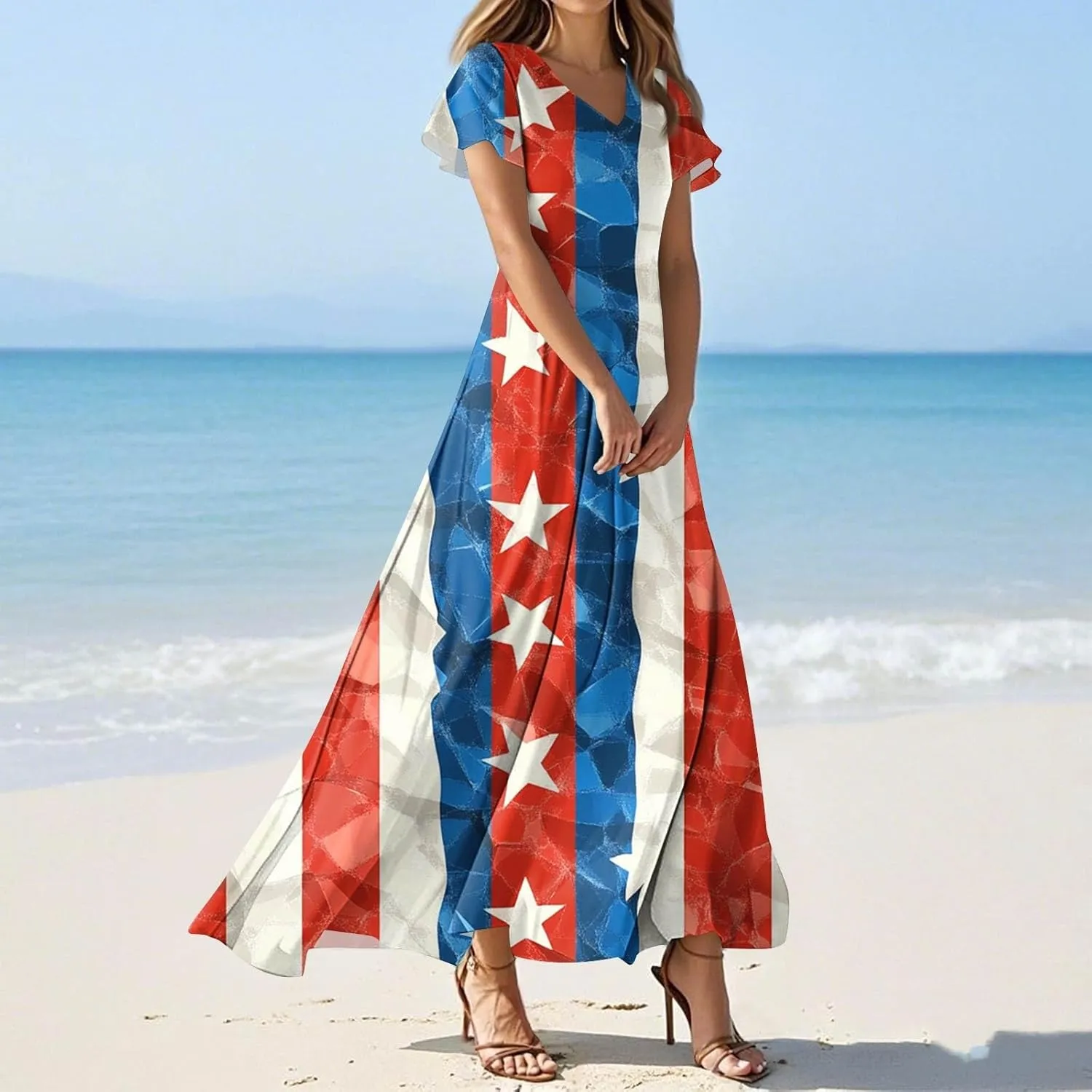 Women's 2025 Summer Maxi Dress Elegant Casual Floral Print Bohemian Dress Ruffle Sleeve V Neck Beach Swing Dresses
