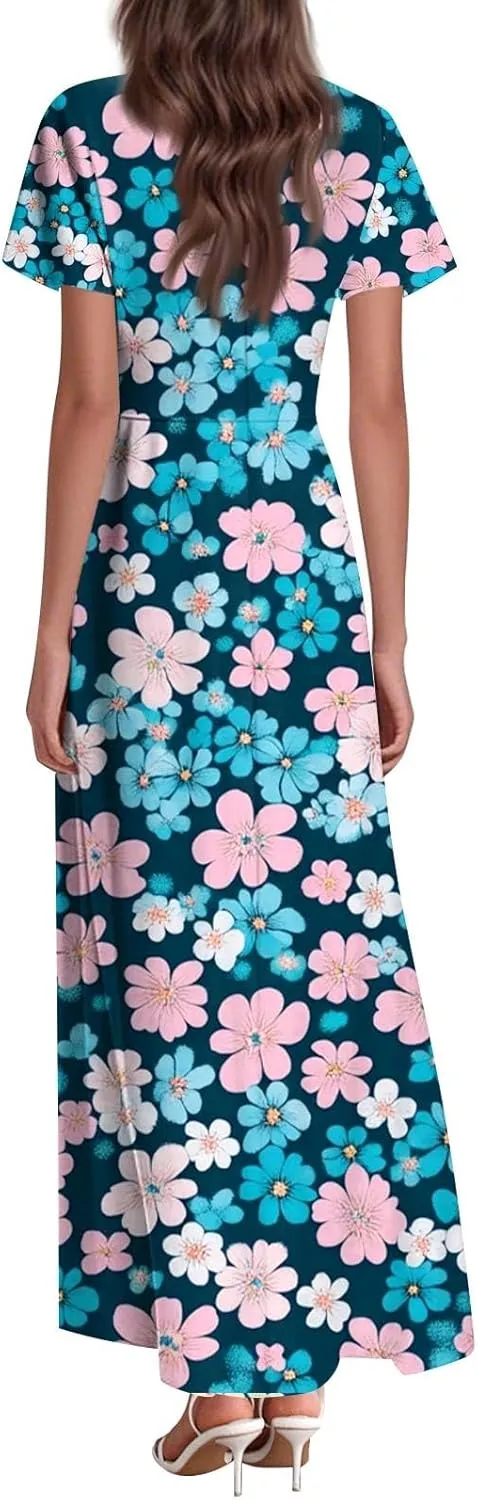 Women's 2025 Summer Maxi Dress Elegant Casual Floral Print Bohemian Dress Ruffle Sleeve V Neck Beach Swing Dresses