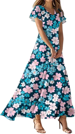 Women's 2025 Summer Maxi Dress Elegant Casual Floral Print Bohemian Dress Ruffle Sleeve V Neck Beach Swing Dresses