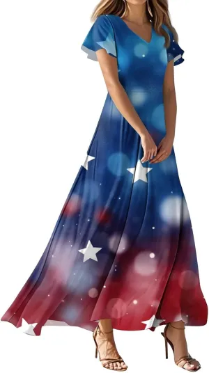 Women's 2025 Summer Maxi Dress Elegant Casual Floral Print Bohemian Dress Ruffle Sleeve V Neck Beach Swing Dresses