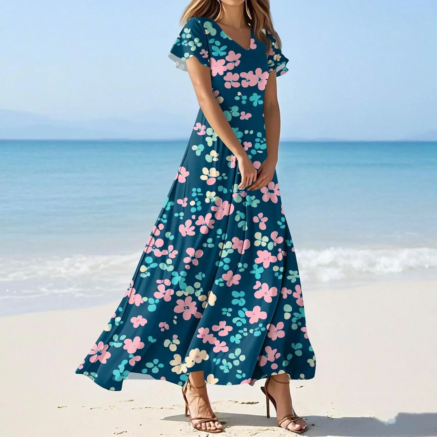 Women's 2025 Summer Maxi Dress Elegant Casual Floral Print Bohemian Dress Ruffle Sleeve V Neck Beach Swing Dresses