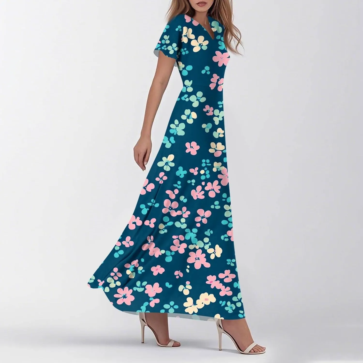 Women's 2025 Summer Maxi Dress Elegant Casual Floral Print Bohemian Dress Ruffle Sleeve V Neck Beach Swing Dresses