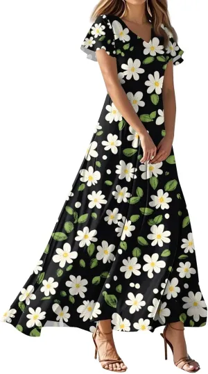 Women's 2025 Summer Maxi Dress Elegant Casual Floral Print Bohemian Dress Ruffle Sleeve V Neck Beach Swing Dresses