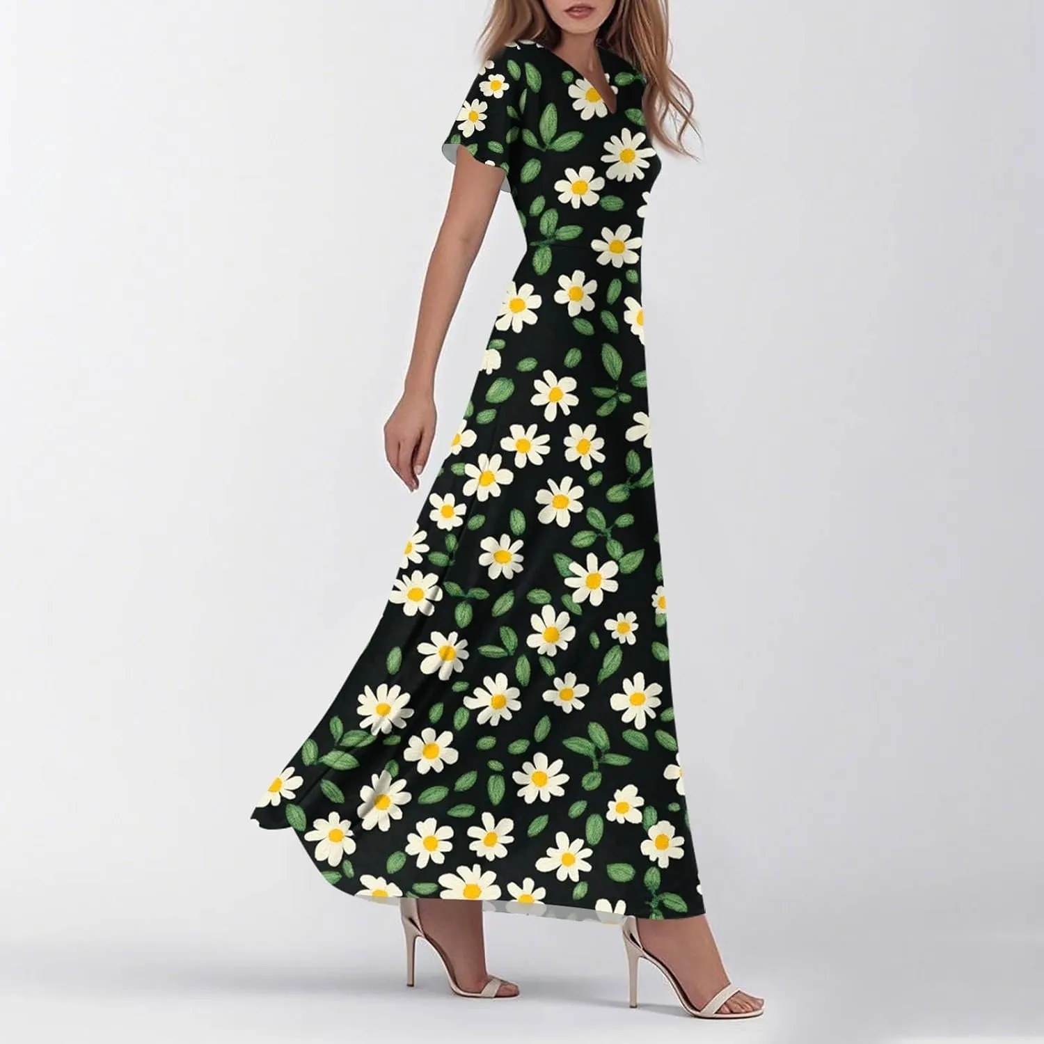 Women's 2025 Summer Maxi Dress Elegant Casual Floral Print Bohemian Dress Ruffle Sleeve V Neck Beach Swing Dresses