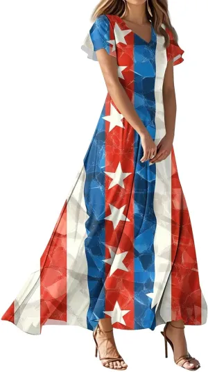 Women's 2025 Summer Maxi Dress Elegant Casual Floral Print Bohemian Dress Ruffle Sleeve V Neck Beach Swing Dresses