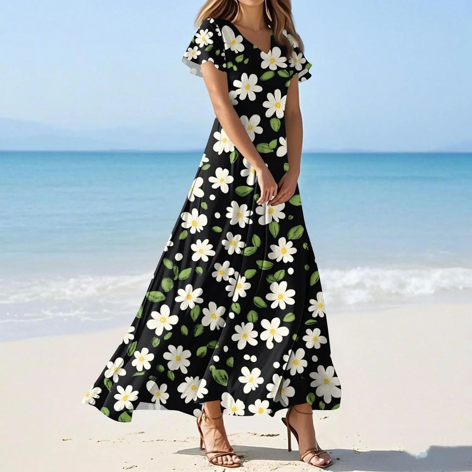 Women's 2025 Summer Maxi Dress Elegant Casual Floral Print Bohemian Dress Ruffle Sleeve V Neck Beach Swing Dresses