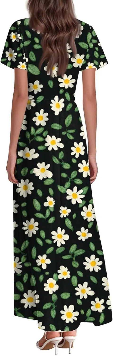 Women's 2025 Summer Maxi Dress Elegant Casual Floral Print Bohemian Dress Ruffle Sleeve V Neck Beach Swing Dresses