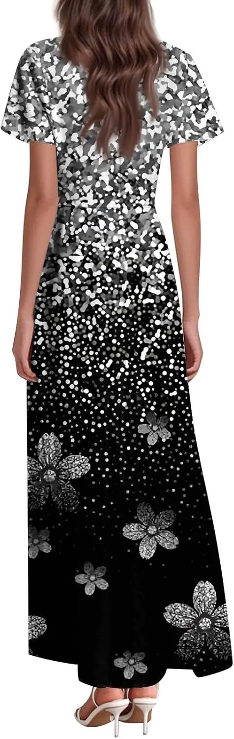 Women's 2025 Summer Maxi Dress Elegant Casual Floral Print Bohemian Ruffle Sleeve V Neck Beach Vacation Swing Dresses