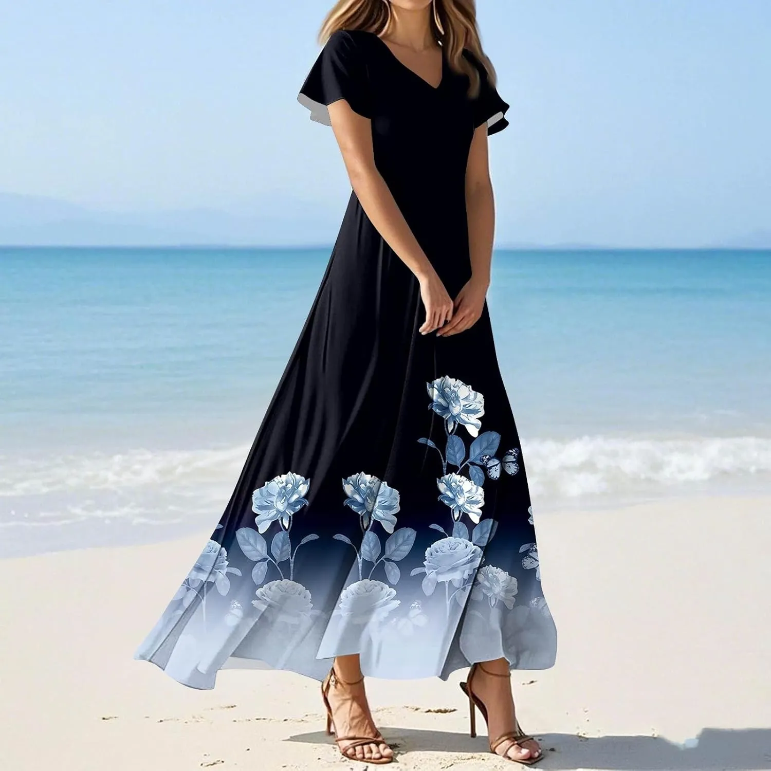 Women's 2025 Summer Maxi Dress Elegant Casual Floral Print Bohemian Ruffle Sleeve V Neck Beach Vacation Swing Dresses