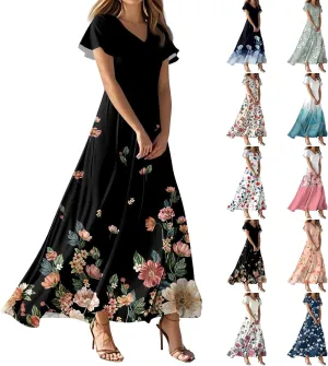 Women's 2025 Summer Maxi Dress Elegant Casual Floral Print Bohemian Ruffle Sleeve V Neck Beach Vacation Swing Dresses