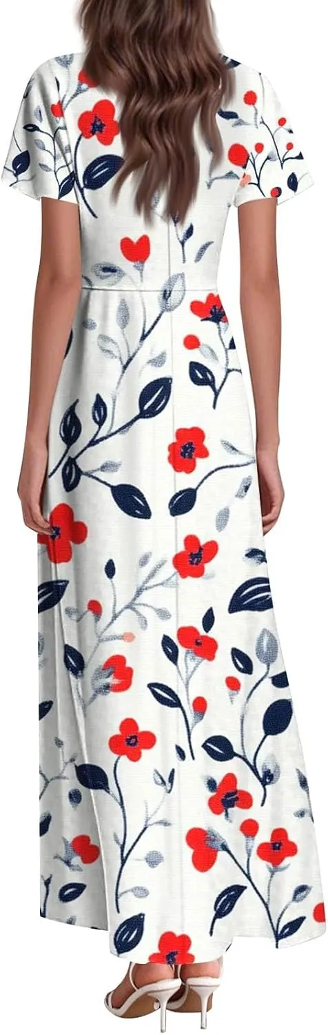 Women's 2025 Summer Maxi Dress Elegant Casual Floral Print Bohemian Ruffle Sleeve V Neck Beach Vacation Swing Dresses