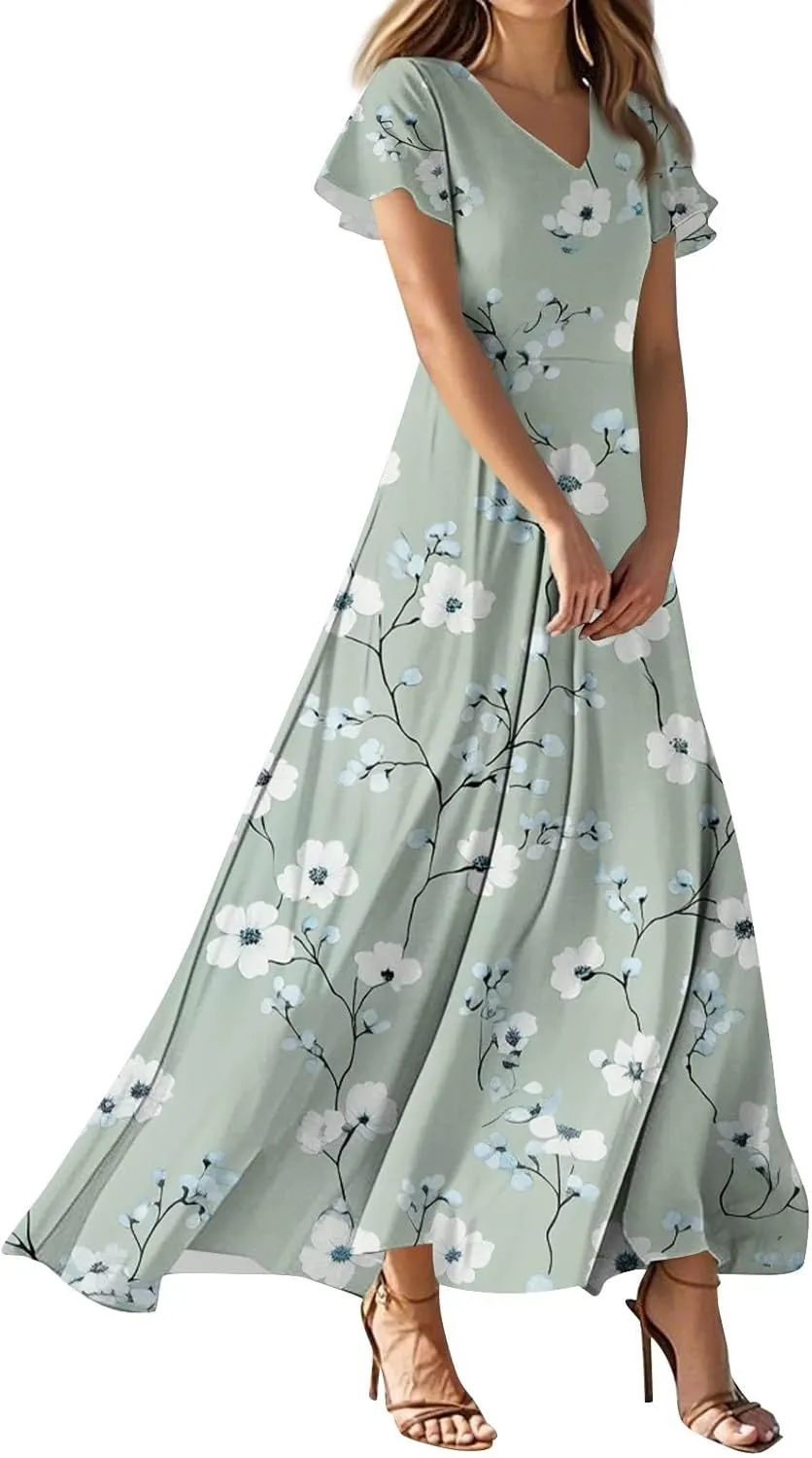 Women's 2025 Summer Maxi Dress Elegant Casual Floral Print Bohemian Ruffle Sleeve V Neck Beach Vacation Swing Dresses