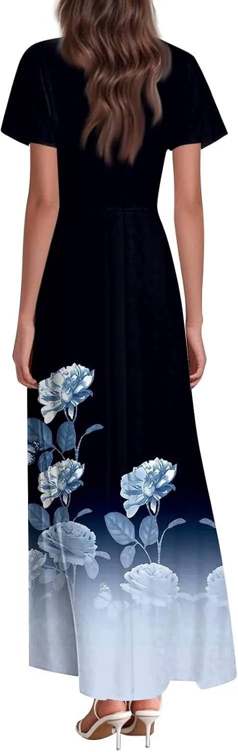 Women's 2025 Summer Maxi Dress Elegant Casual Floral Print Bohemian Ruffle Sleeve V Neck Beach Vacation Swing Dresses