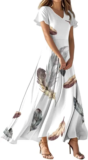 Women's 2025 Summer Maxi Dress Elegant Casual Floral Print Bohemian Ruffle Sleeve V Neck Beach Vacation Swing Dresses