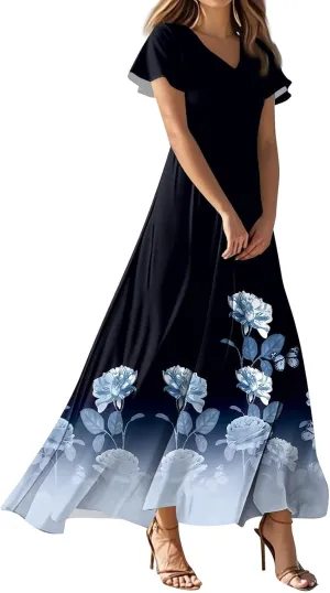 Women's 2025 Summer Maxi Dress Elegant Casual Floral Print Bohemian Ruffle Sleeve V Neck Beach Vacation Swing Dresses