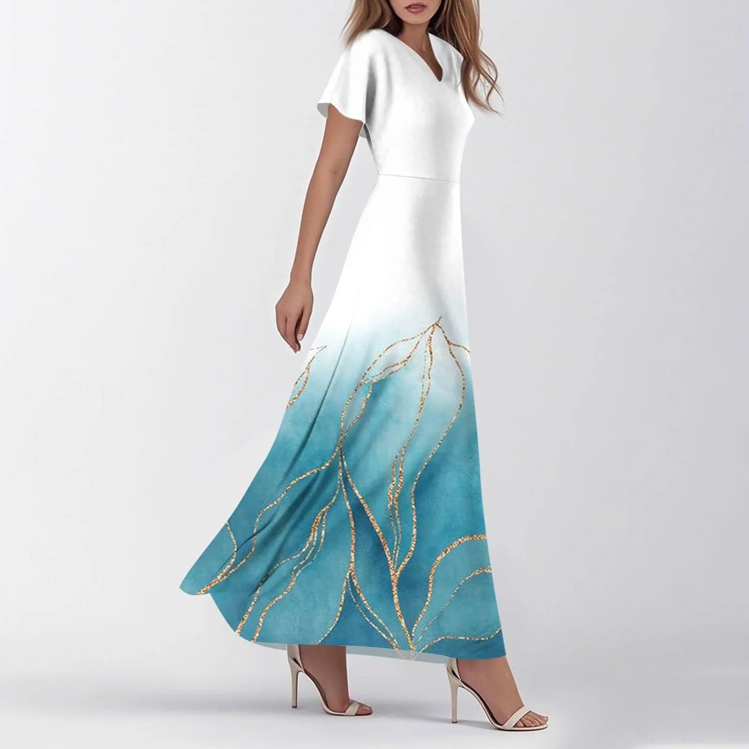 Women's 2025 Summer Maxi Dress Elegant Casual Floral Print Bohemian Ruffle Sleeve V Neck Beach Vacation Swing Dresses