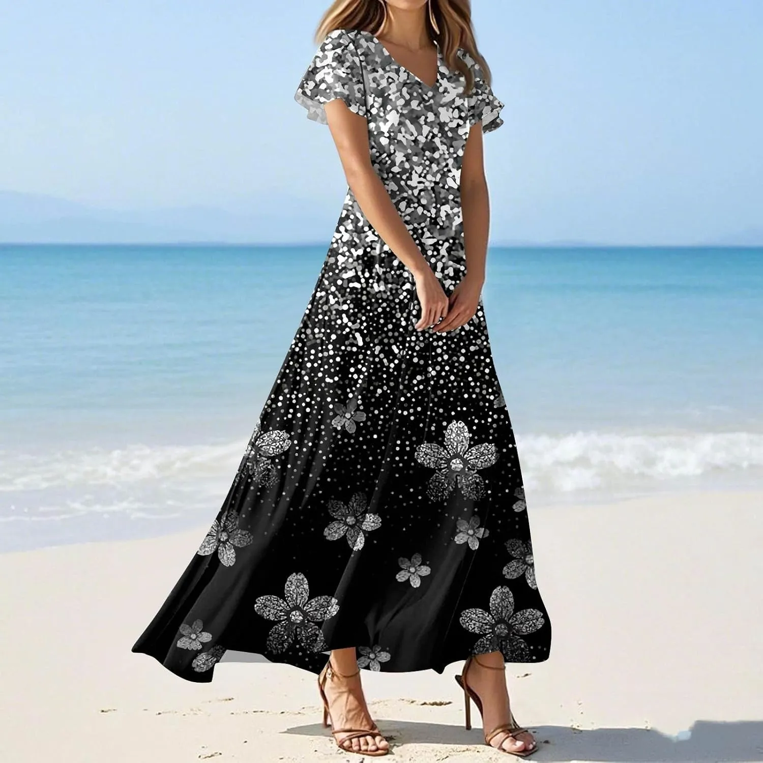 Women's 2025 Summer Maxi Dress Elegant Casual Floral Print Bohemian Ruffle Sleeve V Neck Beach Vacation Swing Dresses